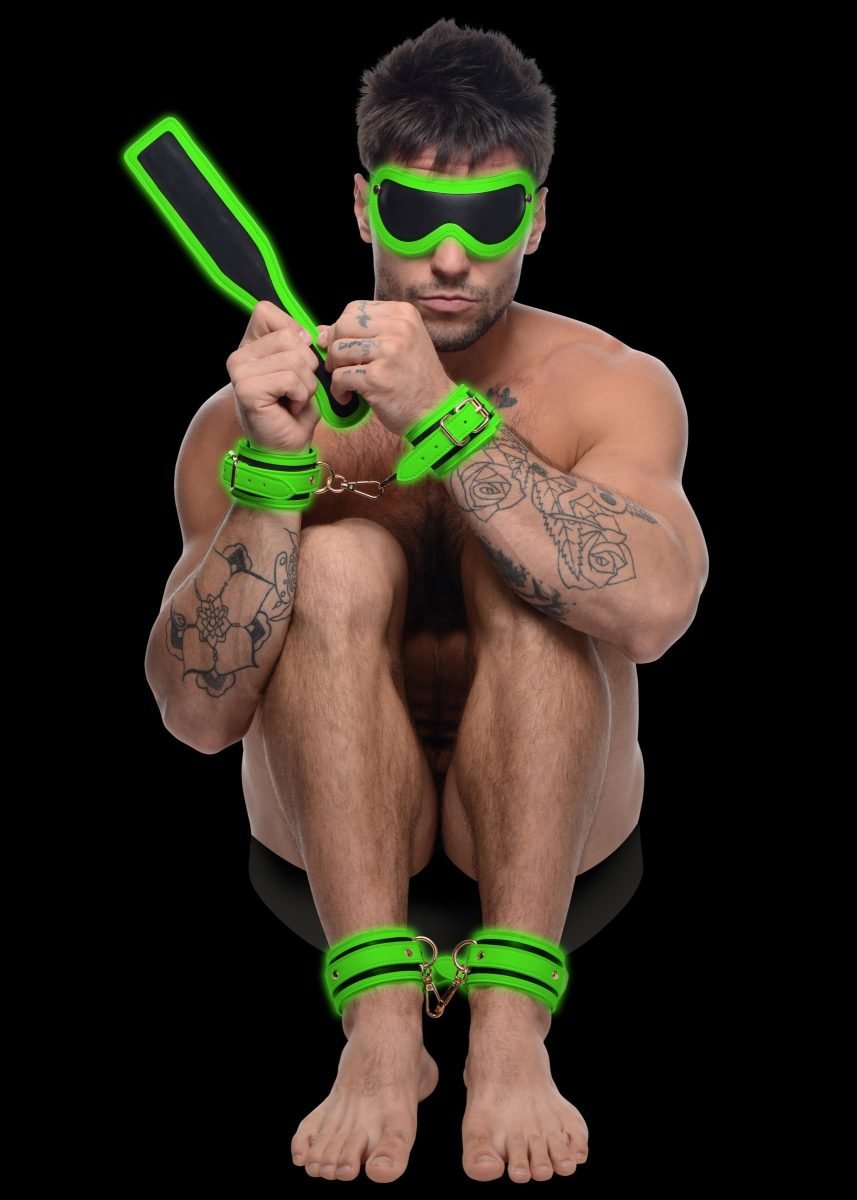 Kink in the Dark Glowing Cuffs Blindfold and Paddle Bondage Set - Image 2