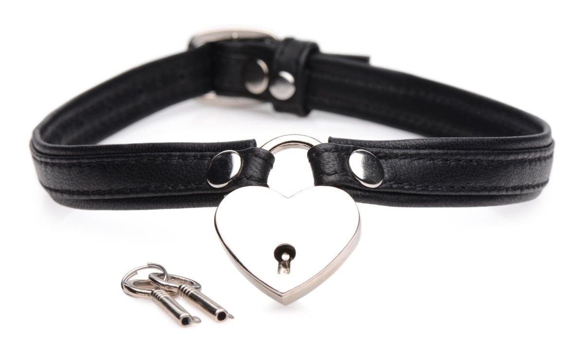 Heart Lock Leather Choker with Lock and Key - Black - Image 3