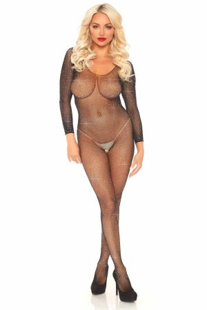 Rhinestone Fishnet Long Sleeved Crotchless Bodystocking
