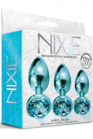 Nixie Metal Butt Plug Trainer Set W/inlaid Jewel - Blue Metallic