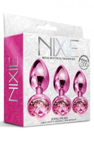Nixie Metal Butt Plug Trainer Set W/inlaid Jewel - Pink Metallic