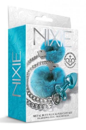Nixie Metal Butt Plug W/inlaid Jewel & Fur Cuff Set - Blue Metallic