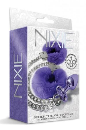 Nixie Metal Butt Plug W/inlaid Jewel & Fur Cuff Set - Purple Metallic