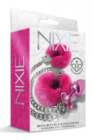 Nixie Metal Butt Plug W/inlaid Jewel & Fur Cuff Set - Pink Metallic