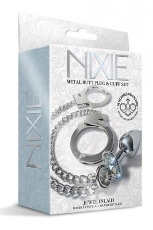 Nixie Metal Butt Plug W/inlaid Jewel & Cuff Set - Silver Metallic