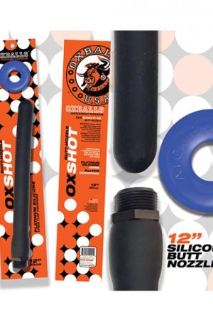 Oxballs Oxshot 12" Silicone Butt Nozzle W/flex Cockring - Black/blue