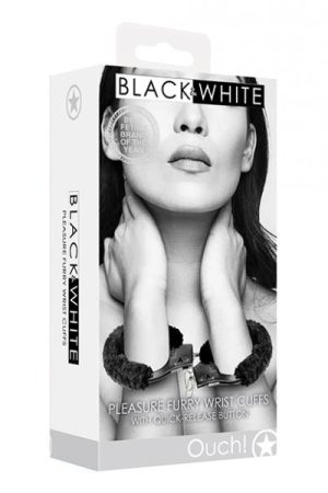 Shots Ouch Black & White Beginner's Furry Hand Cuffs - Black