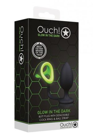 Shots Ouch Butt Plug W/cock Ring & Ball Strap - Glow In The Dark