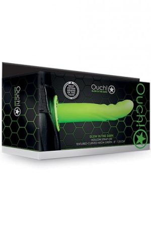 Shots Ouch 8" Textured Curved Hollow Strap On - Glow In The Dark