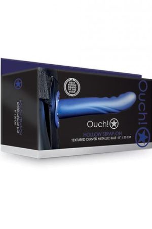 Shots Ouch 8" Textured Curved Hollow Strap On - Metallic Blue