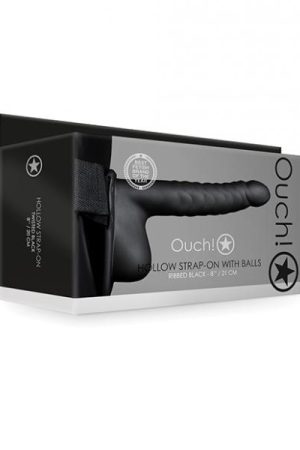 Shots Ouch 8" Ribbed Hollow Strap On W/balls - Black