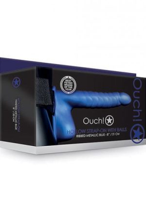 Shots Ouch 8" Ribbed Hollow Strap On W/balls - Metallic Blue