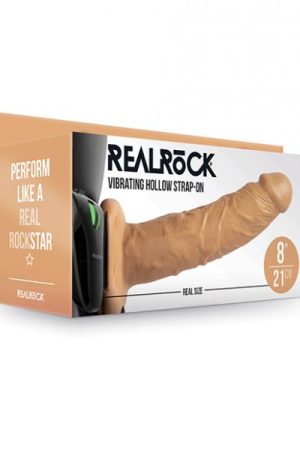 Shots Realrock 8" Vibrating Hollow Strap On W/o Balls - Tan