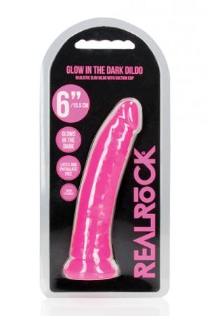 Shots Realrock 6" Slim Dildo Glow In The Dark - Neon Pink