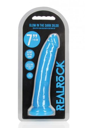 Shots Realrock 7" Slim  Dildo Glow In The Dark - Neon Blue