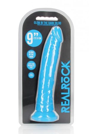 Shots Realrock 9" Slim Dildo Glow In The Dark - Neon Blue