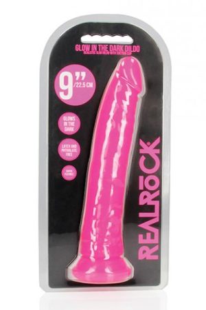 Shots Realrock 9" Slim Dildo Glow In The Dark - Neon Pink