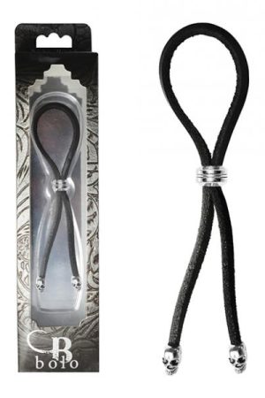 Bolo Cock Ring Leather Lasso Bead Slider W/skull Tips - Black/silver