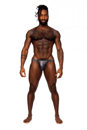 Snaked Metallic Coated Shoulder Sling Harness Thong Black/blue L/xl