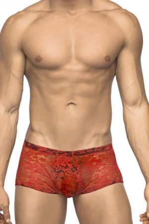 Male Power Stretch Lace Mini Short Red Large