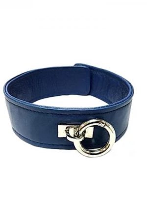 Leather Plain Collar With Removeable O-ring - Blue