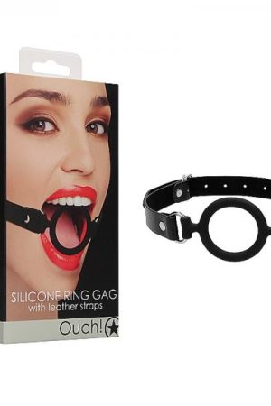 Ouch! Silicone Ring Gag With Leather Straps - Black