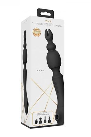 Vive - Nami Rechargeable Pulse-wave Double-ended Silicone Wand With Interchangeable Sleeves - Black