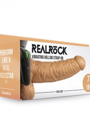 Realrock Vibrating Hollow Strap On With Balls 7 In. Mocha