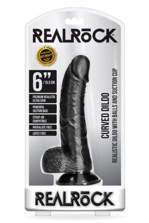 Realrock Curved Realistic Dildo With Balls And Suction Cup 6 In. Dark