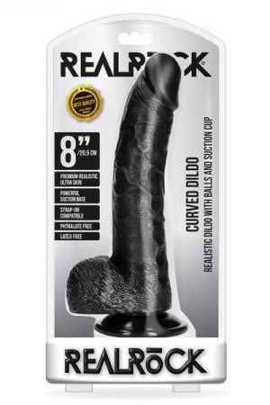 Realrock Curved Realistic Dildo With Balls And Suction Cup 8 In. Black