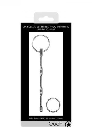 Ouch! Urethral Sounding - Ribbed Plug With Ring - 8 Mm