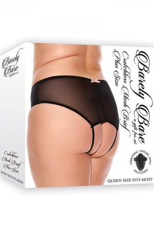 Barely Bare Crotchless Mesh Brief With Vibrating Finger Ring Black Queen Size