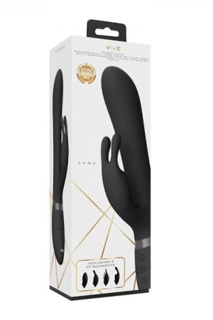 Vive Chou Rechargeable Silicone Rabbit Vibrator With Interchangeable Clitoral Sleeves Black
