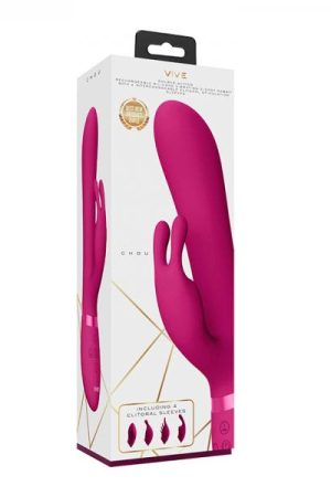 Vive Chou Rechargeable Silicone Rabbit Vibrator With Interchangeable Clitoral Sleeves Pink