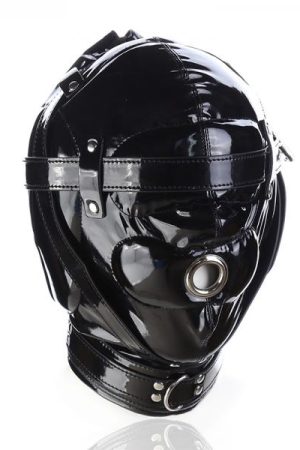 Ple'sur Shiny Pleather Locking Deprivation Hood With Single Nose Hole Black