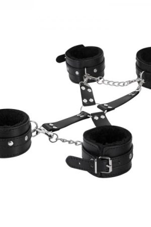 Male Power Leather All 4's Fuzzy Cuff Set Black