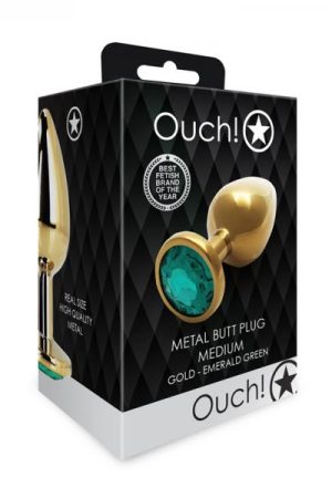 Shots Ouch! Round Gem Butt Plug Medium Gold/emerald Green