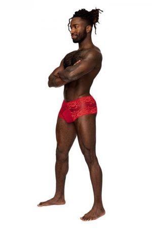 Male Power Sassy Lace Mini Short Sheer Pouch Red S