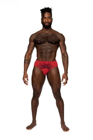 Male Power Sassy Lace Bikini Solid Pouch Red M