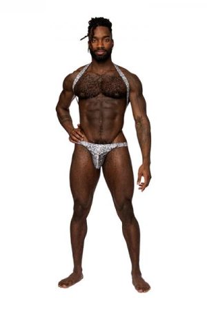Male Power S'naked Shoulder Sling Harness Thong One-piece Silver/black L/xl