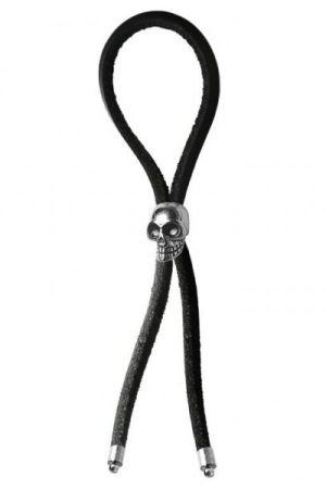 C-ring Lasso Silver Skull Bead Leather Strap Black