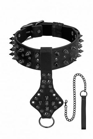 Ouch! Skulls & Bones Neck Chain with Spikes And Leash Black