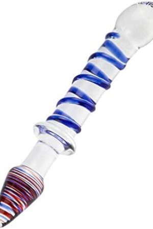 Glass Double Ended Dildo, Crystal Penis Cock Dong Anal Butt Plug Pleasure Wand With Blue Spiral For Men Women Stimulation