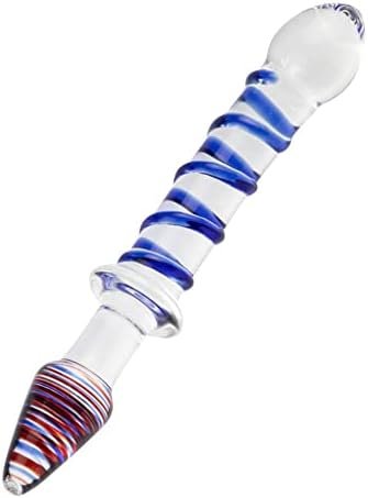 Glass Double Ended Dildo, Crystal Penis Cock Dong Anal Butt Plug Pleasure Wand With Blue Spiral For Men Women Stimulation