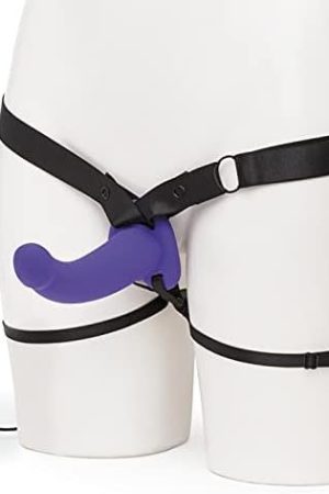 Lovehoney Double Duty Strap On Vibrating Dildo - Curved 7 Inch Silicone Dildo For Women With Wired Remote Control - Elasticated & Adjustable Harness - Adult Sex Toy - Purple
