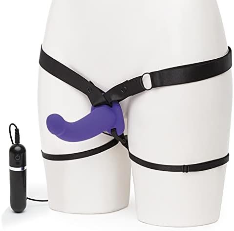 Lovehoney Double Duty Strap On Vibrating Dildo - Curved 7 Inch Silicone Dildo For Women With Wired Remote Control - Elasticated & Adjustable Harness - Adult Sex Toy - Purple
