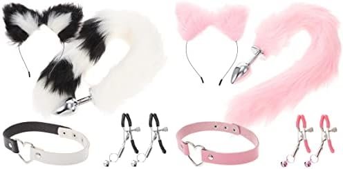 Abaodam 2 Sets Fox Animal Costume Fur Fox Ear Headband Furry Tail Plug Neck Collar And Clips For Valentines Day Cosplay Game