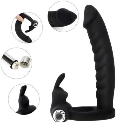 Dual Penetration Vibrating Dildo Vibrator Penis Cock Ring Sleeve Strap On Silicone Butt Plug Strapon Enhancer 7 Speed Women Pleasure Adult Sex Toys For Male (Black) - Image 3