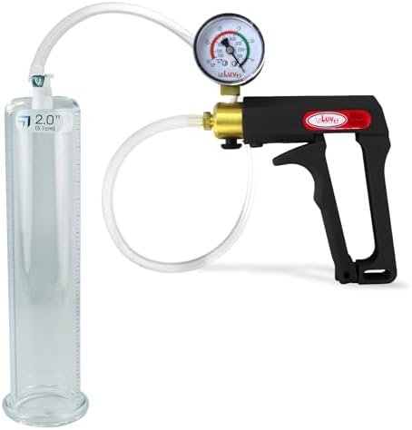 Leluv Maxi Penis Pump | Black Handle + Gauge, Clear Hose | 9" Length X 2.0" Diameter Cylinder | Untapered, Seamless, Rounded Flange Cylinder