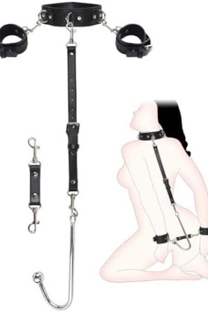 Anal Hook Sex Bondage Restraints Handcuffs Collar, 2-Layer Leather Strap Bdsm Kit, Kinky Fetish Anal Sex Toy, Neck To Wrist Cuffs Sex Game
